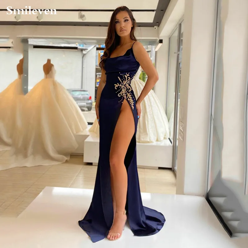 

Smileven Navy Blue Mermaid Prom Dresses Beaded Spaghetti Strap Evening Dress Crystal Side Split Dubai Celebrity Party Gowns