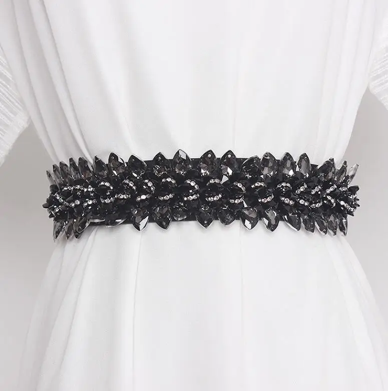 Wanita Runway Fashion Berlian Imitasi Manik-manik Elastis Cummerbunds Wanita Korset Ikat Pinggang Dekorasi Sabuk Lebar R207