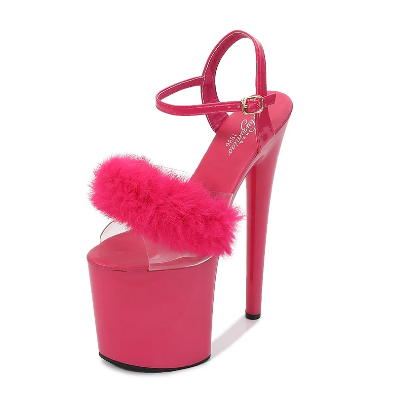 Women\'s Fur Shoes Super High Heel Walking Show Artifact Model Heels 20cm Fur Sandals Pvc Summer Sexy Thick Bottom Wedding Shoes