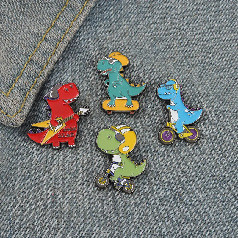 Love Sports Music Dinosaur Alloy Brooch Cartoon Cute Riding A Bicycle Listening To Music Funny Little Animal Badge Pin Gift