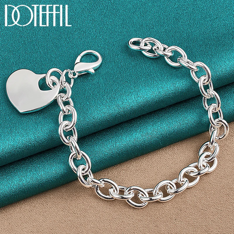 

DOTEFFIL 925 Sterling Silver Solid Heart Pendant Bracelet Thick Chain For Woman Wedding Engagement Fashion Charm Party Jewelry