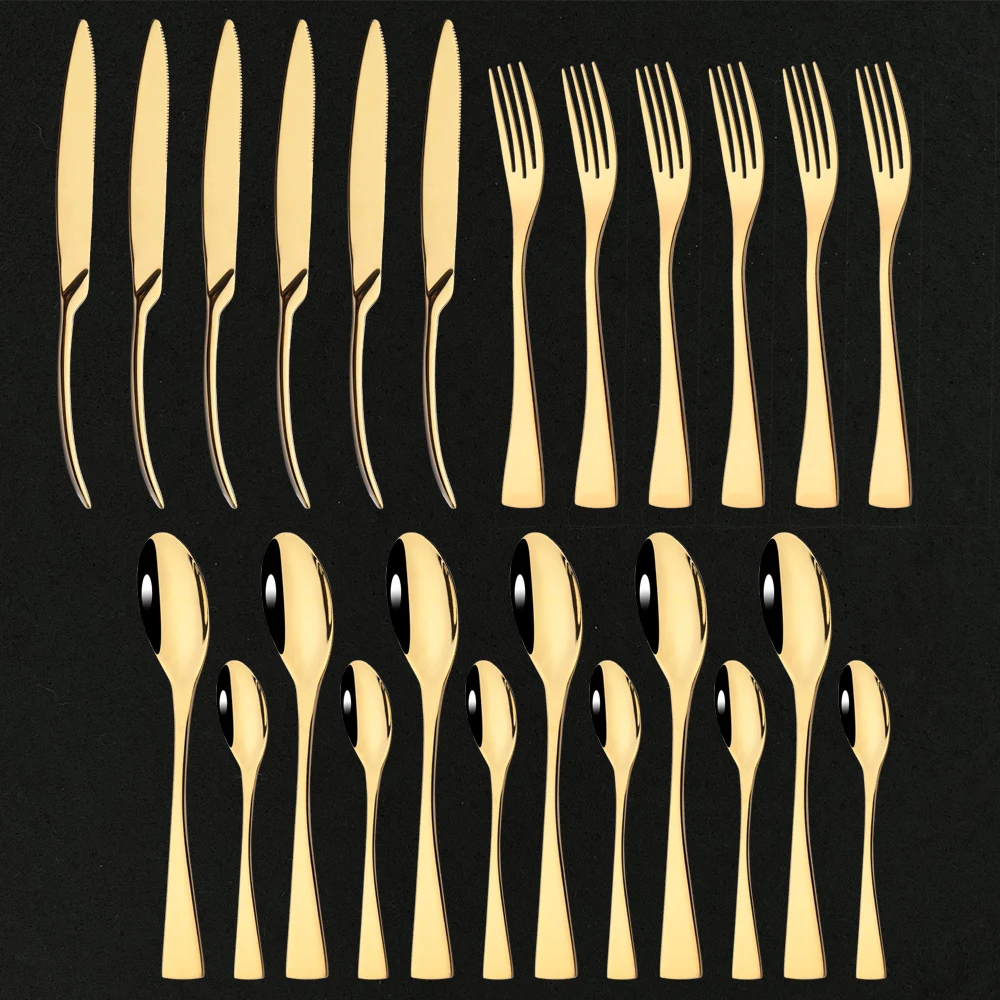 

304 Stainless Steel Cutlery Set Unique 24Pcs Gold Dinnerware Mirror Silverware Set Knife Fork Spoon Tableware Set Flatware