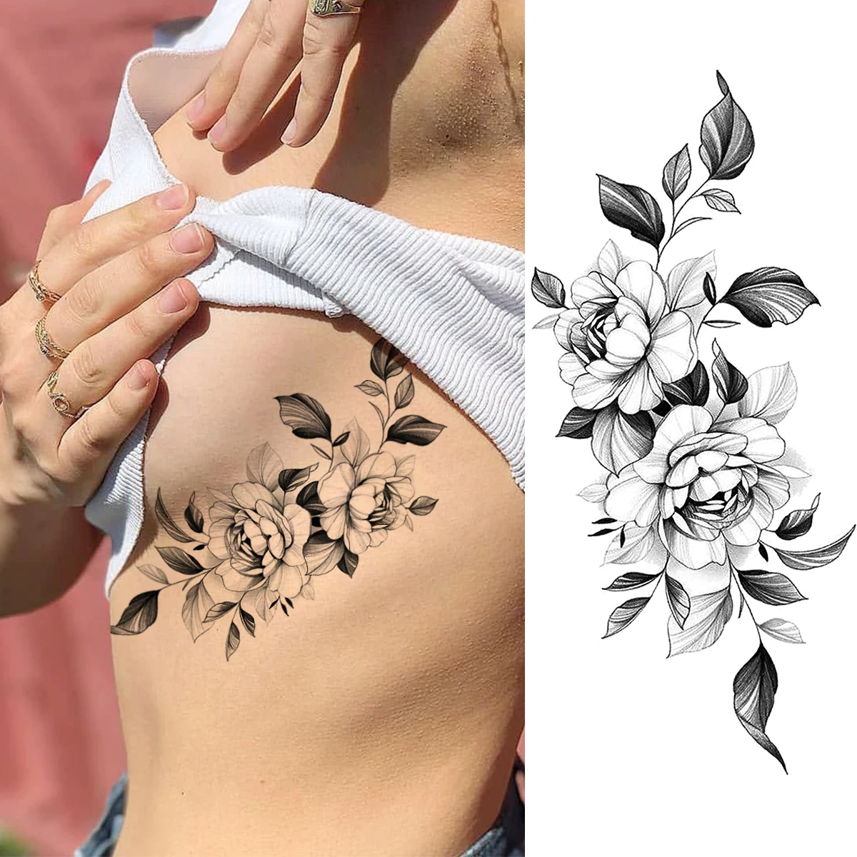 Black Peony Flower Sexy Boobs Temporary Tattoos For Women Adult Girl Rose Lion Moon Fake Tattoo Realistic Body Art Tatoos Paper