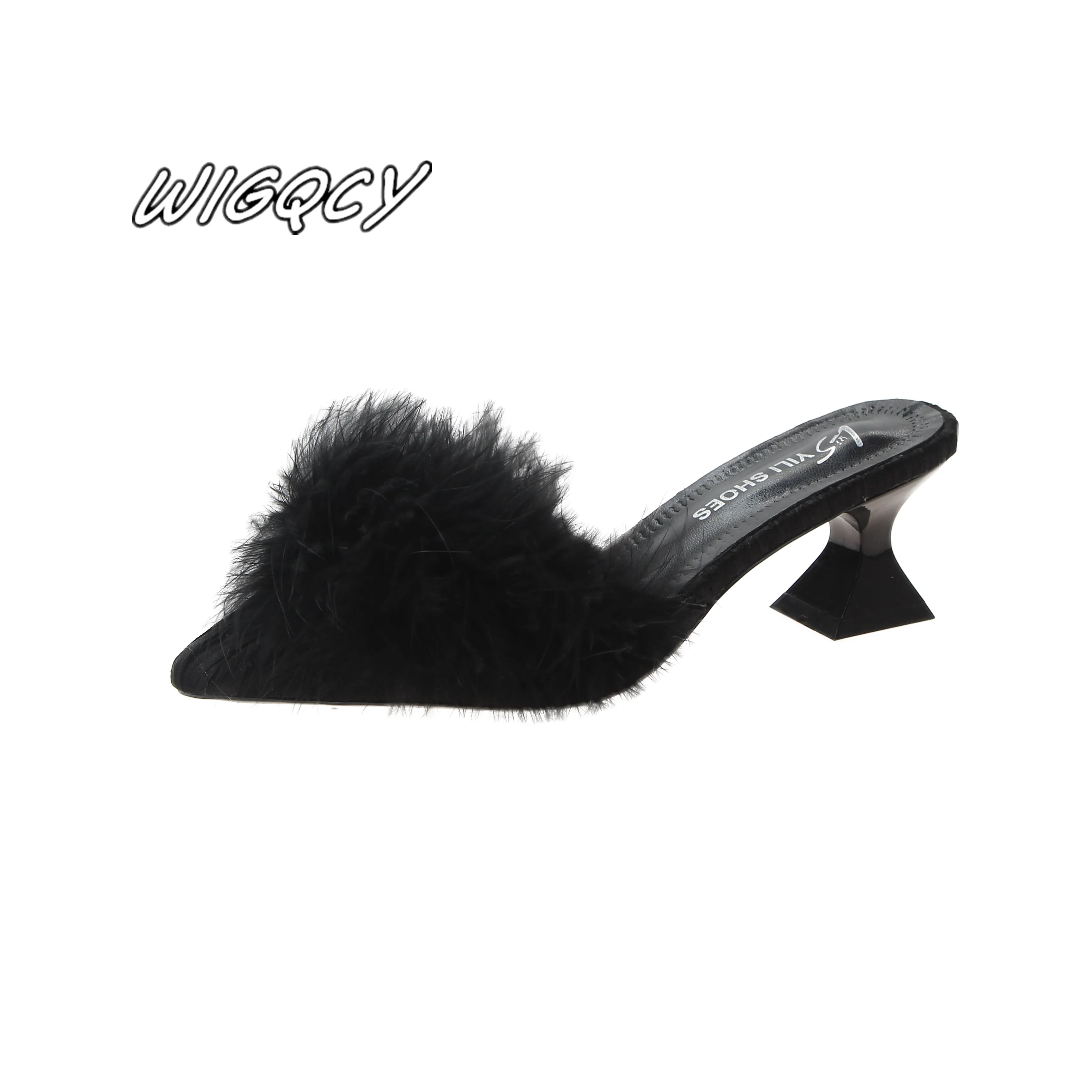 2020 new women\'s set toe-shaped non-slip high heels fashion rubber bottom elastic cloth summer shallow fur shoes