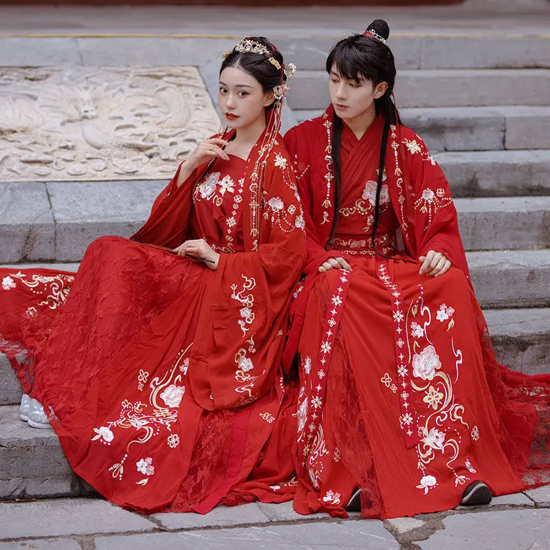 

Ancient Weijin Dynasty Wedding Fairy Hanfu Dress Woman Men Chinese Traditional Dance Red Peony Couple Kimono Cosplay Costumes