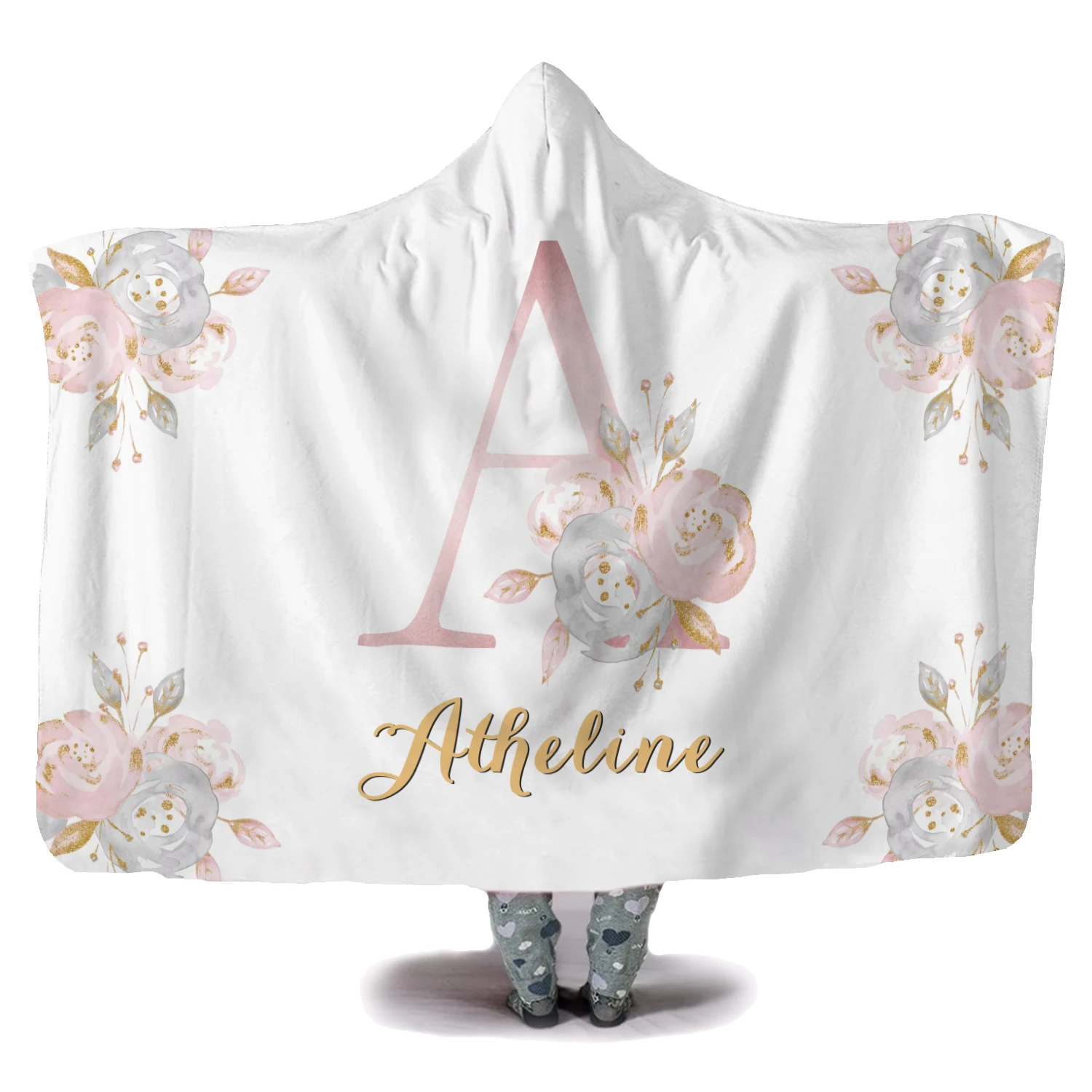 LVYZIHO Custom Floral Letters Pattern Hooded Blanket For Adults / Kids Warm Home Picnic Wearable Fleece Blankets,Lazy Blanket