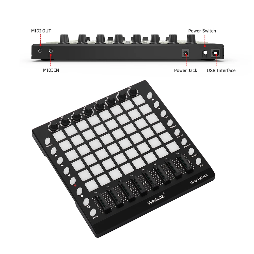 Worlde ORCA PAD48 PRO MIDI Keyboard Pad Controller 16 Drum Pads USB MIDI Drum Pad Controller 48 Pads RGB Backlit DJ Remix