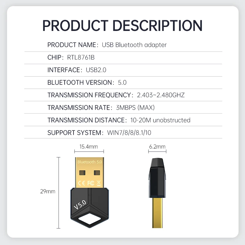 RTL8761B Chip USB Receiver Transmitter Bluetooth 5.0 Music Wireless Audio Adapter for PC Headset Speaker Wireless Mouse