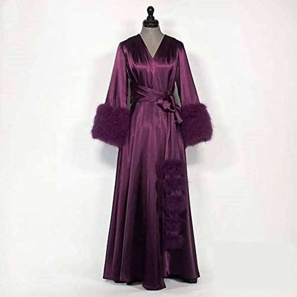 

Ladies Purple Dressing Gown Elastic Silk Satin Feather Bridal Robes Dessous Fotografie Bridal Maternity Photo Shoot Bathrobe