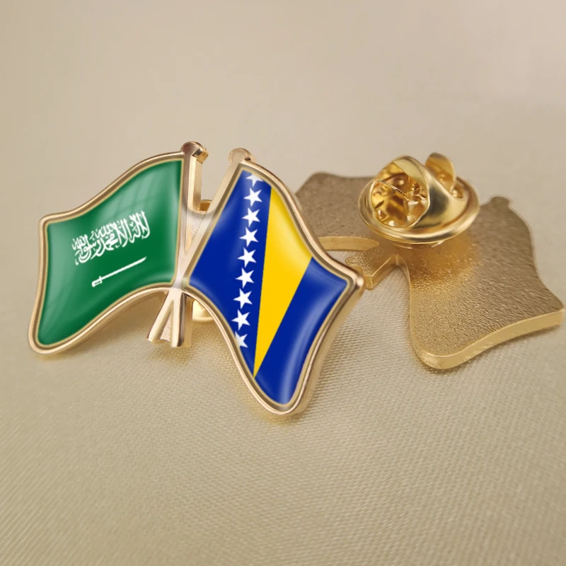 

Saudi Arabia and Bosnia and Herzegovina Crossed Double Friendship Flags Lapel Pins Brooch Badges