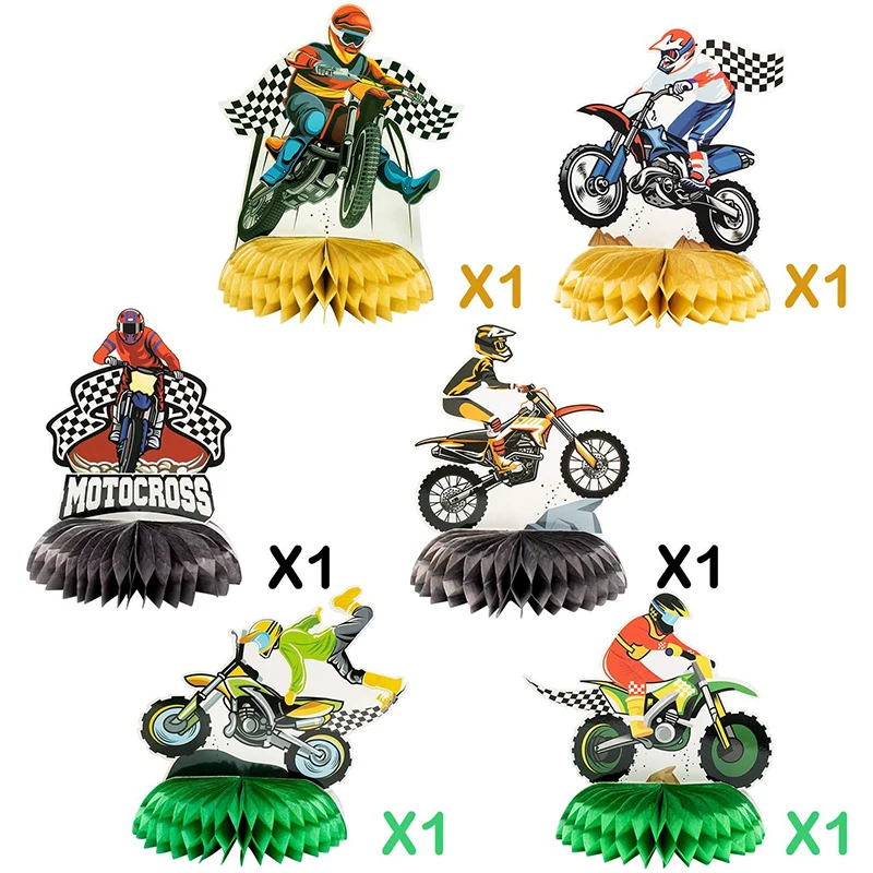 6 sztuk motocykl Honeycomb Centerpiece Ball materiały urodzinowe Topper dla chłopców fajny motocykl temat dekoracja na urodziny