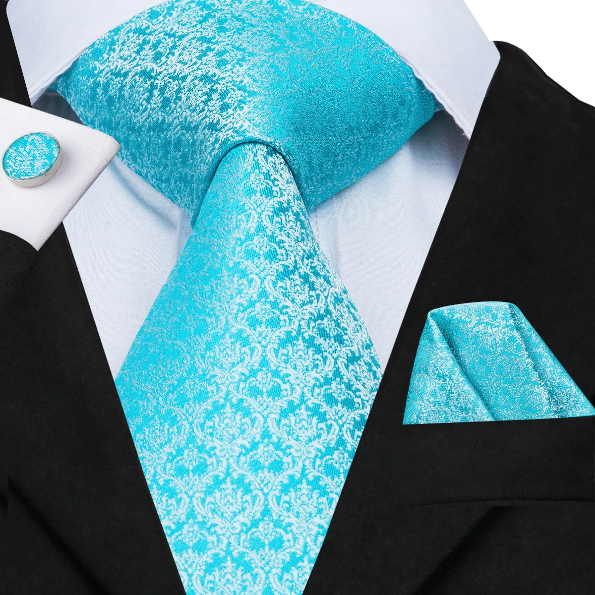 Hi-Tie-Conjunto de corbata azul claro para hombre, mancuerna de seda sólida, regalo de fiesta de negocios, diseño novedoso, envío directo