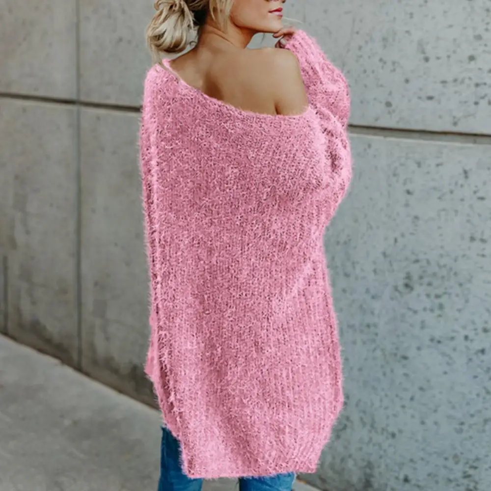 Women's Sweater Fashion Solid Color Sloping Shoulder Plush Jumper Loose Casual Knitted Sweater Top Oversized Sweater for Women