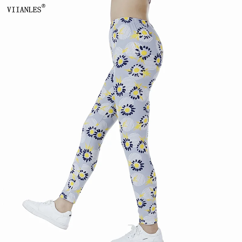 

VIIANLES Penil Pants Sexy Fitness High Waist Leggings Women Fashion Gray Yellow Floral Print Leggins Gym Elastic Push Up Trouser