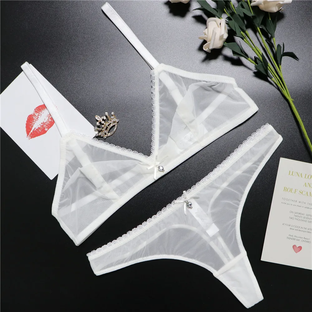 Sexy ladies see through elastic mesh bra set women wire free white underwear bra+thong lingerie set