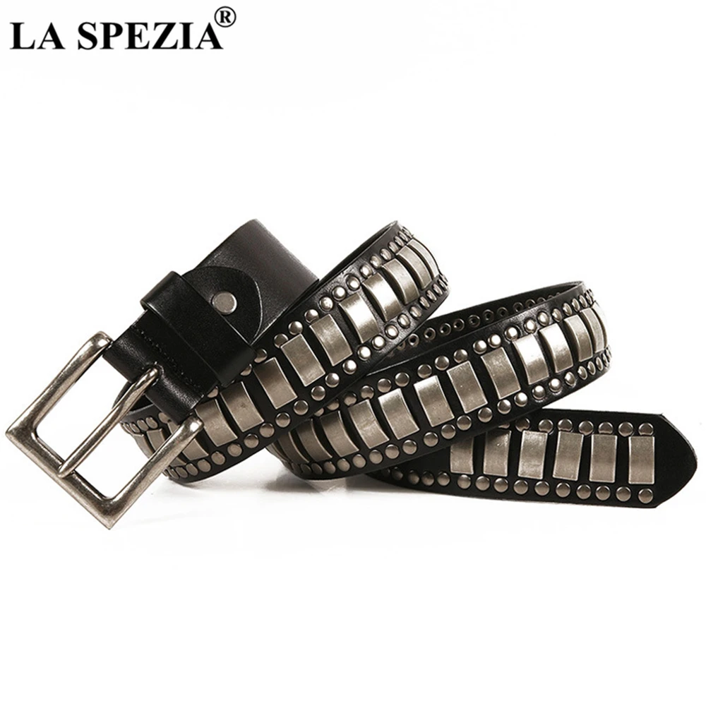 LA SPEZIA Rivet Men Genuine Leather Rock Belt Brown Male Belts High Quality Novelty Motorbike Autumn Punk Clothing Accessories