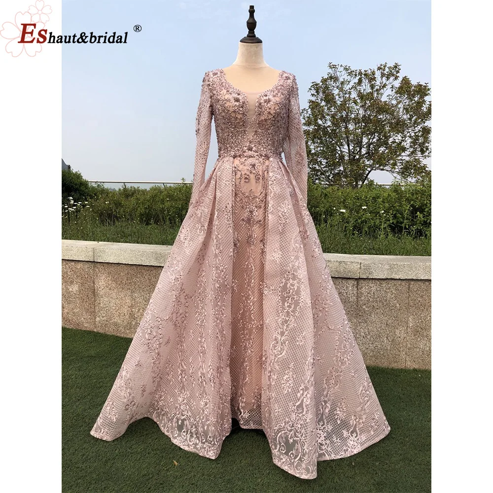 Luxury Lace Evening Dress for Women 2024 O Neck Long Sleeves Mermaid Crystal Arabic Formal Prom Wedding Party Gowns Customized