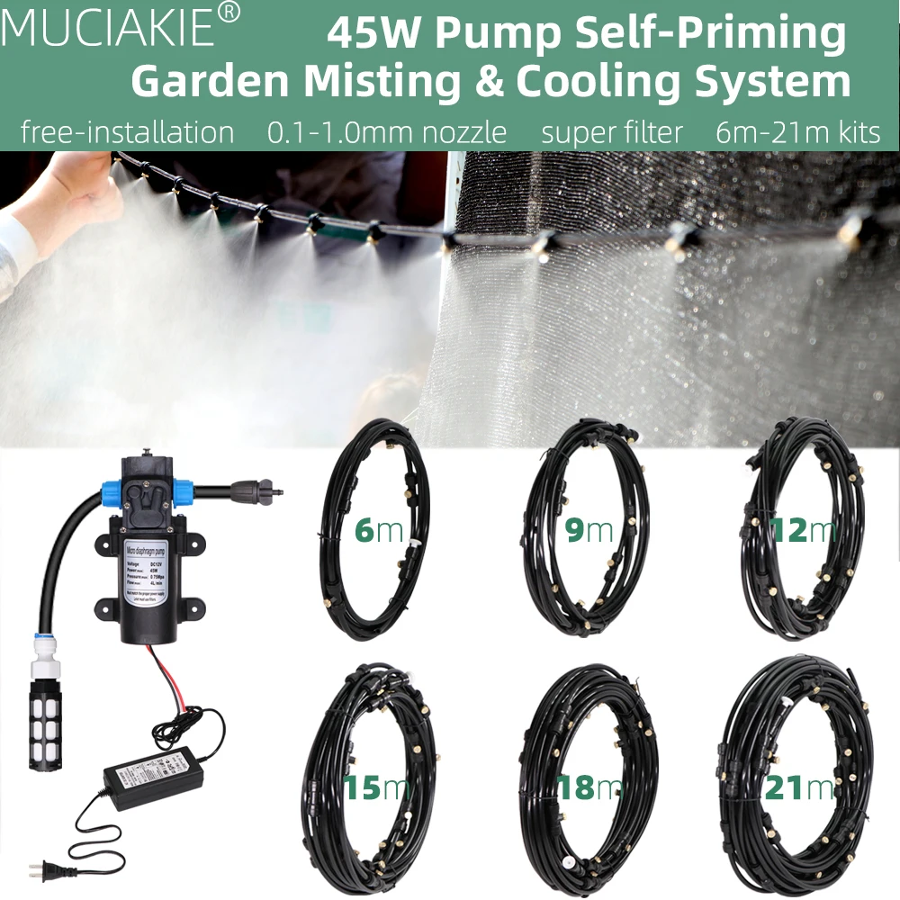 

6M-21M 45W Pump Self-Priming Outdoor Misting Cooling System Garden Greenhouse Patio Watering Irrigation Nozzle Orifice 0.2-1.0MM