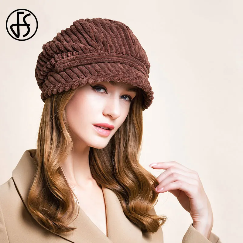 FS White Berets Cap Winter Fall Hat For Women octagonal Hats Ladies Hats Fashion Corduroy Vintage Brown Black Beret