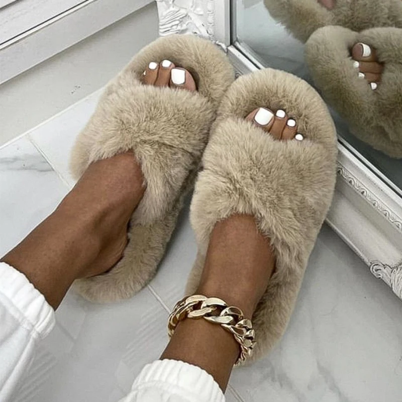 Women Furry Fur Slippers Soft Faux Fur Slides Ladies Plush House Slippers Cross Strap Open Toe Flat Sandals Fluffy Warm Shoes