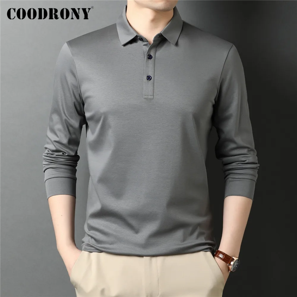 COODRONY Brand Spring Autumn High Quality Classic Casual Pure Color 100% Mercerized Cotton Long Sleeve Polo-Shirt Men Tops C5069