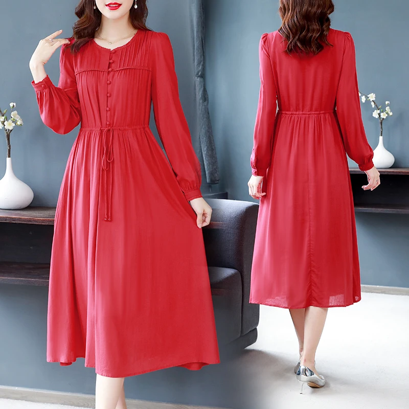 2024 Red Fashion Cotton and Linen Midi Dresses Women Korean Vintage Casual Long Sleeve Dress Autumn Winter Elegant Bodycon Dress