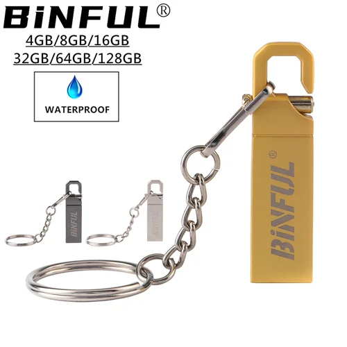 BiNFUL-unidad flash USB, pendrive de 4GB, 8GB, 16GB, 32GB y 64GB, resistente al agua, de metal plateado, 128G