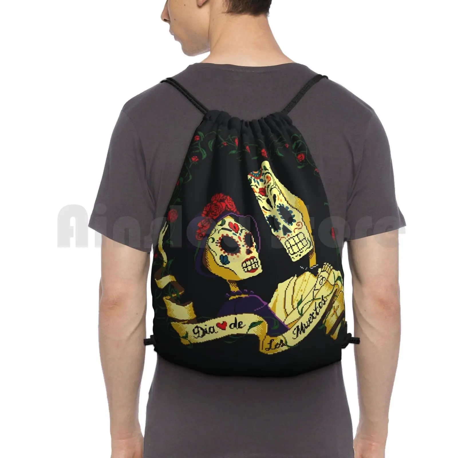 

Dia De Los Muertos Backpack Drawstring Bag Riding Climbing Gym Bag Grim Fandango Manny Skeleton Calavera Game Games Old