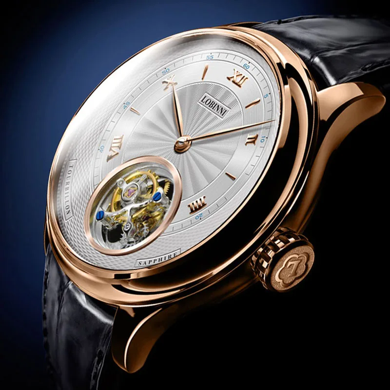

LOBINNI Роскошные часы с римскими цифрами и циферблатом, настоящие мужские механические часы с турбийоном, водонепроницаемые часы из сапфирового стекла