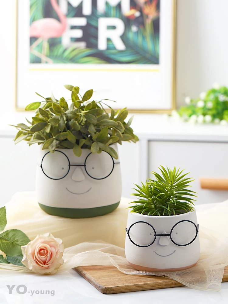 Nordic Cute Glasses Boy Ceramic Succulent Flower Pot Cartoon Fashion Simple Art Dried Flower Vase Indoor Green Dill Home Garden