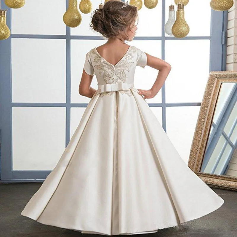 

Beautiful Gold Embroidery Kids Flower Girl Dresses For Wedding O Neckline Elegant First Holy Communion Girls Dresses