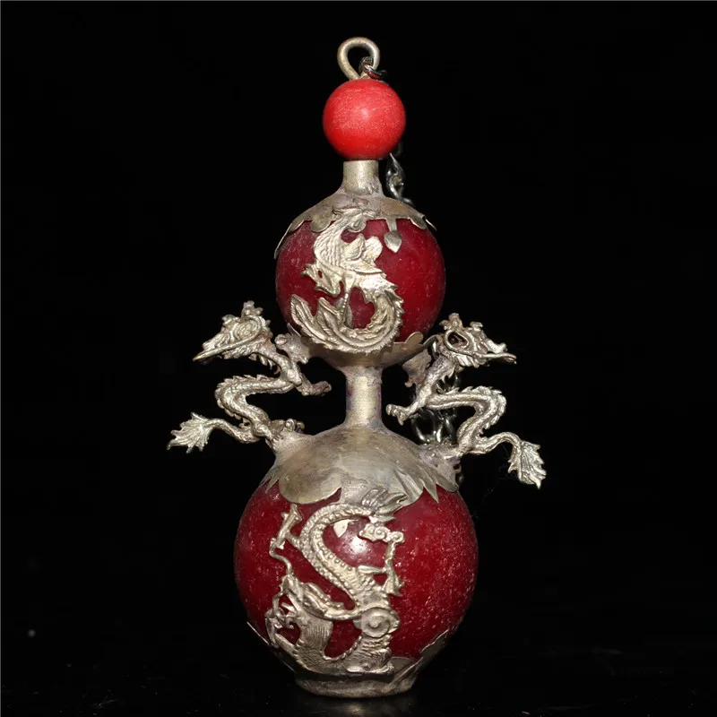 Chinese Old Craft Package Silver Dragon Ruby Jade Snuff Bottle