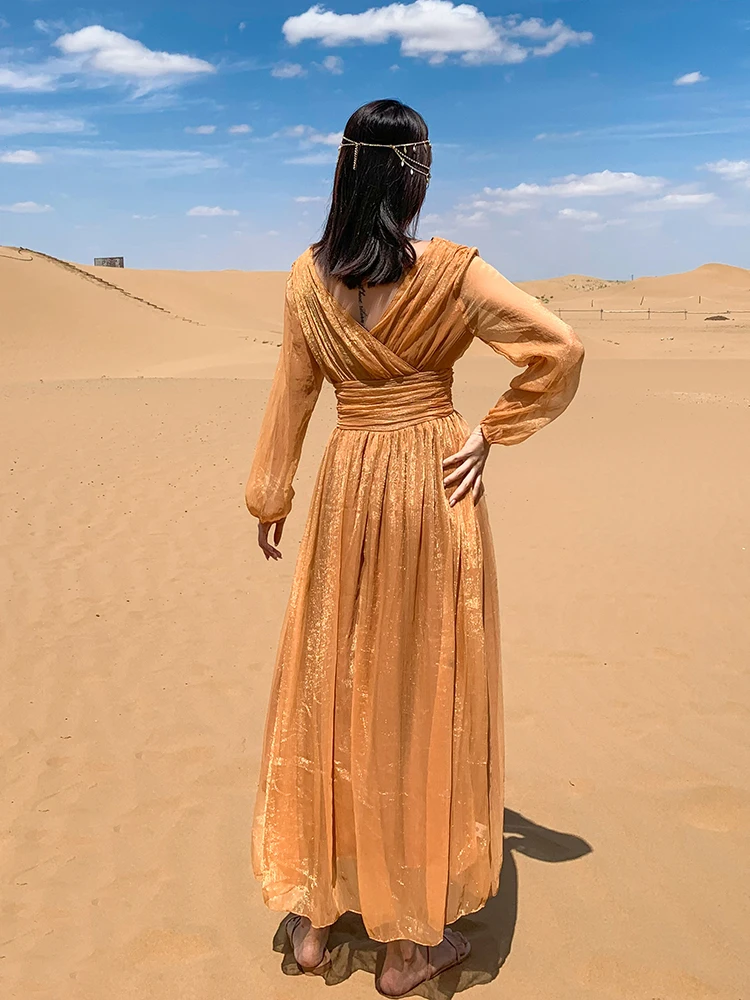 National Style Vintage Beach Long Dress Women 2021 Summer Elegant Sexy V-neck Boho Holiday Party Maxi Dress with Veils Scarf