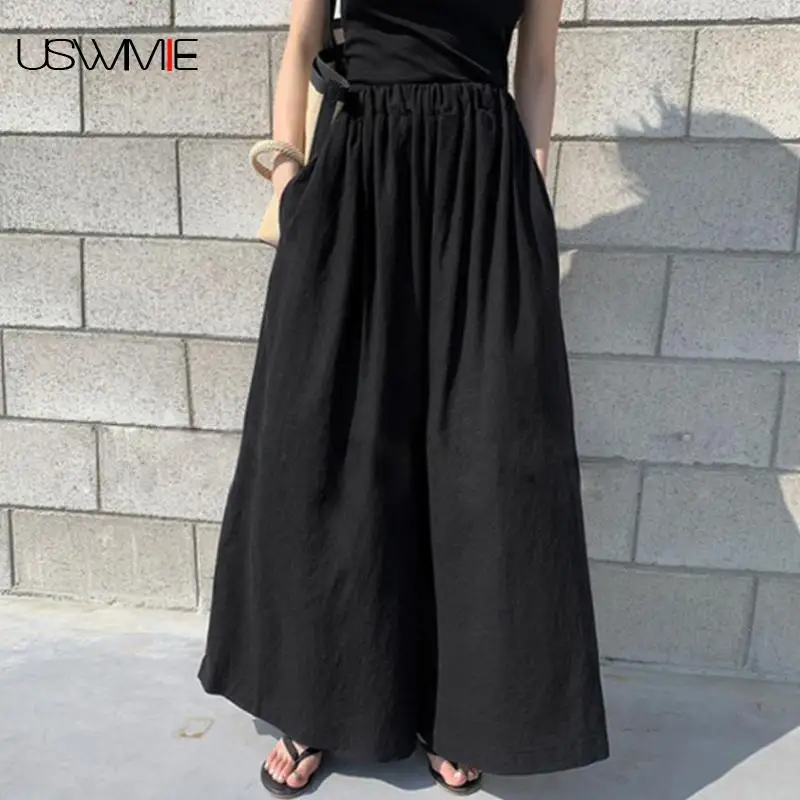 

High Waist Pants Good Fabric Fashion Outwear Solid Color Casual Elastic Waist Trousers Women Comfort Wide Leg Pants