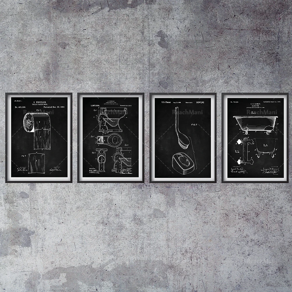 Bathroom Patent Set of 4, Bathtub, Toilet Paper Roll, Toilet Bowl, Bowl Brush, Patent Art, Bathroom Decor