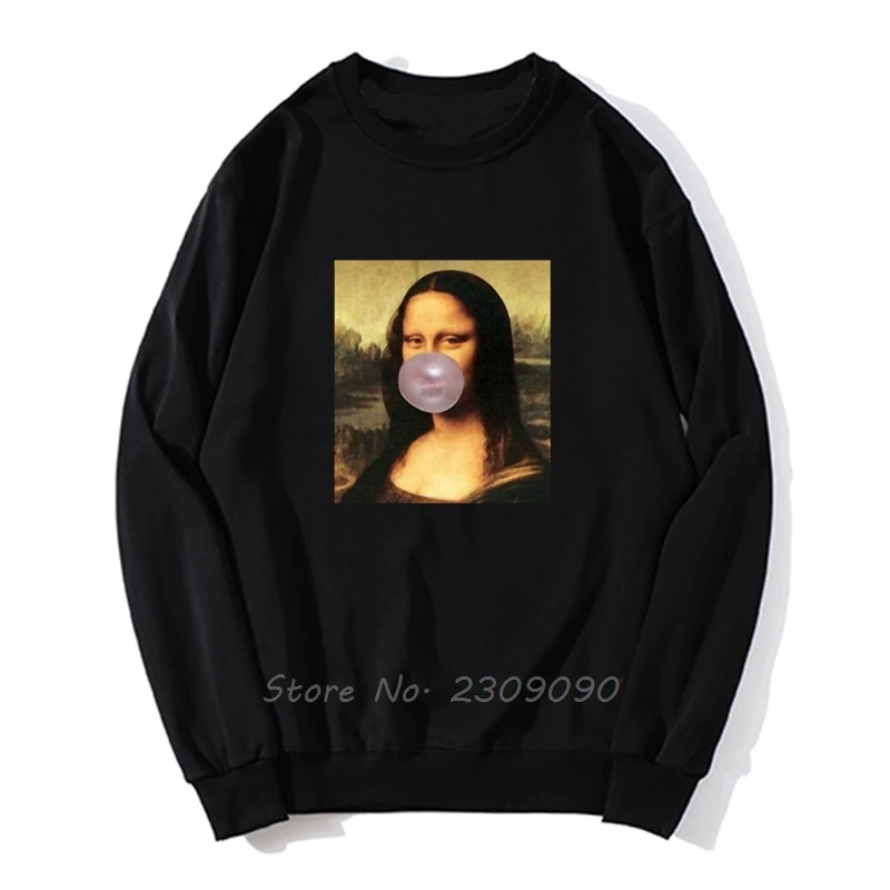 Comfortable The Bubble Gum Mona Lisa Funny Hoodie Men Pullover Fleece Sweatshirts Harajuku Streetwear