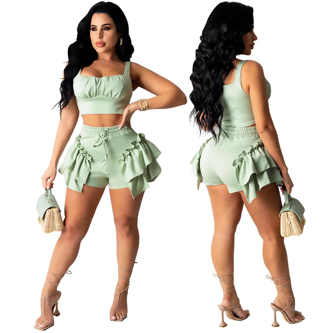 2021 Summer Beach Outfit Two Piece Set Solid Strap Pleated Crop Top Bandage Vest Ruffle Shorts Pants Workout Tracksuit Fitness