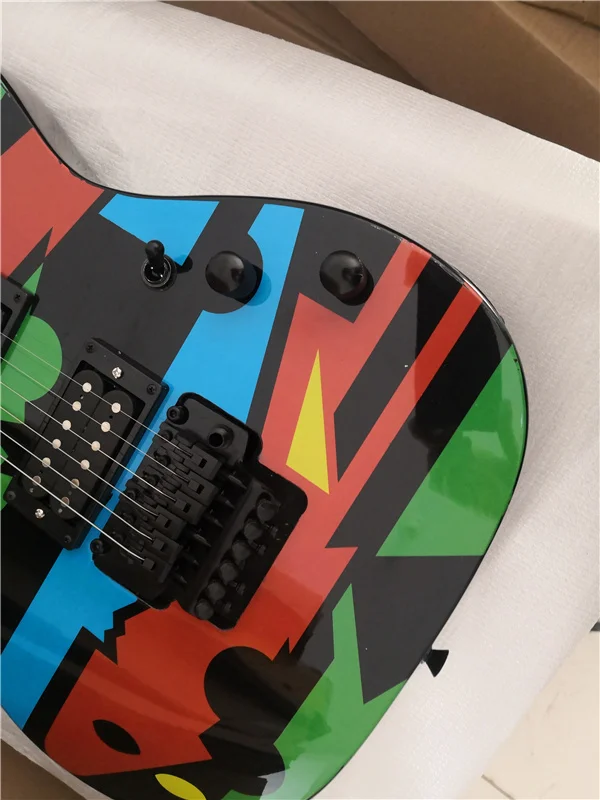 Order booking 6 strings electric guitar, black guitar,abstract painting pattern,tremolo bridge HH pickups,black buttons