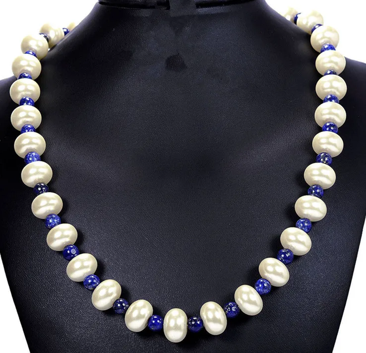 

HABITOO Vintage Blue Lapis Lazuli & 10-11mm White Freshwater Pearl 925 Silver Necklace 18 inch Jewelry for Women