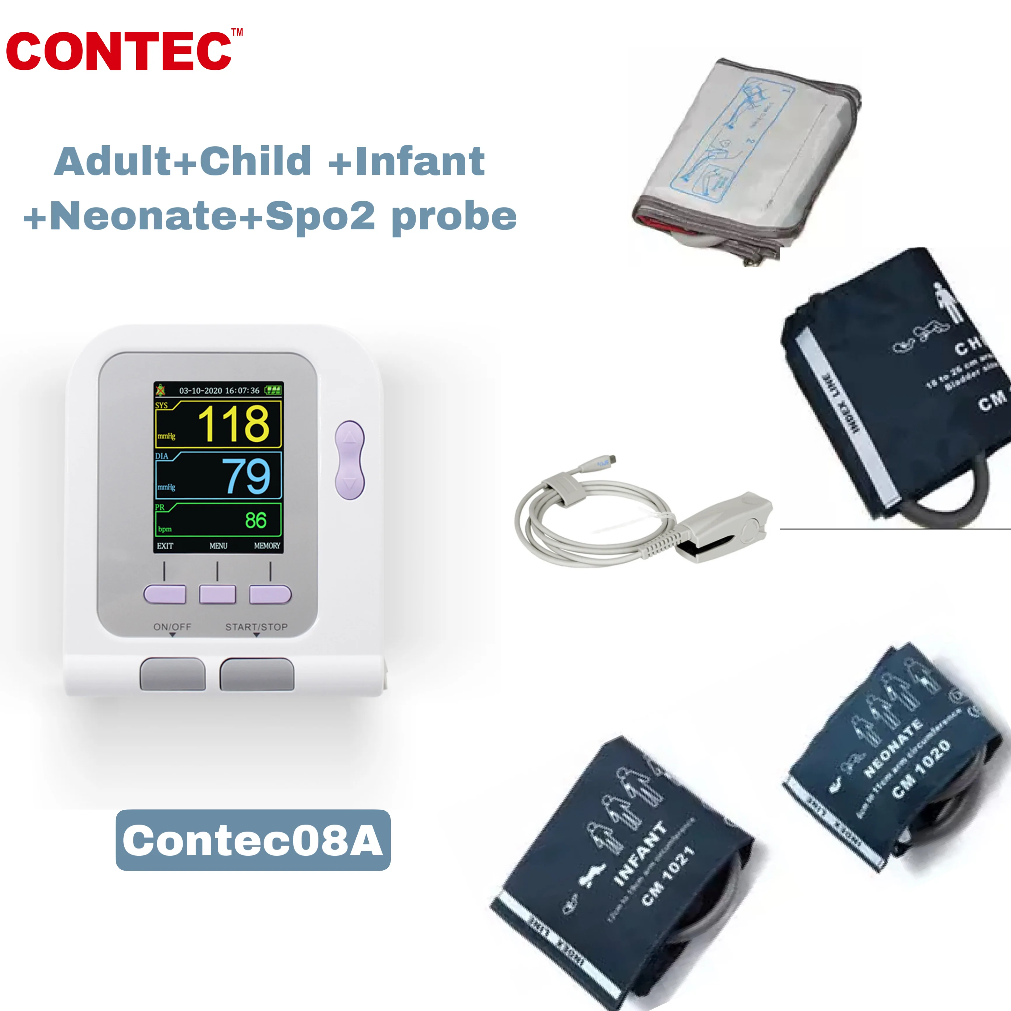 Digital Color LCD Blood Pressure Monitor Software analysis,SPO2 Probe+4 Cuffs(Adult,Child,Pediatric,Neonatal Cuff)