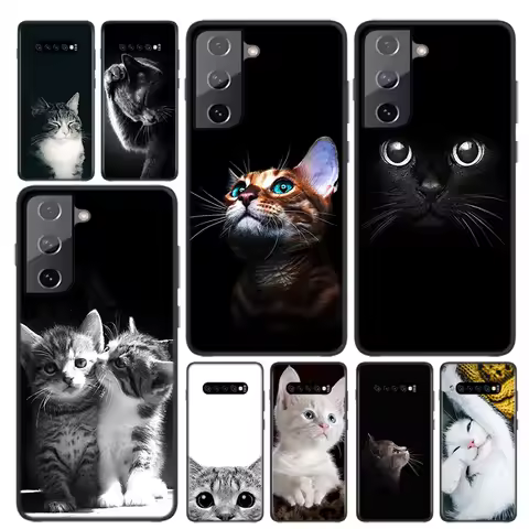 Black Big Eye Cat For Samsung Galaxy S24 S23 S22 S21 S20 Ultra Plus Pro S10 S9 S8 S7 4G 5G Silicone Soft Black Phone Case