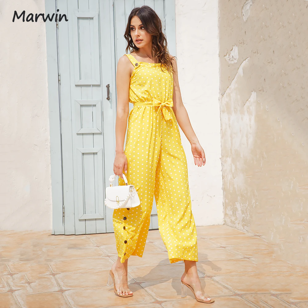 

Marwin Simple Dot O-Neck Sleeveless Buttoned With Belt Holiday Street Style High Waist Full Length Summer Casual Jumpsuits NEW