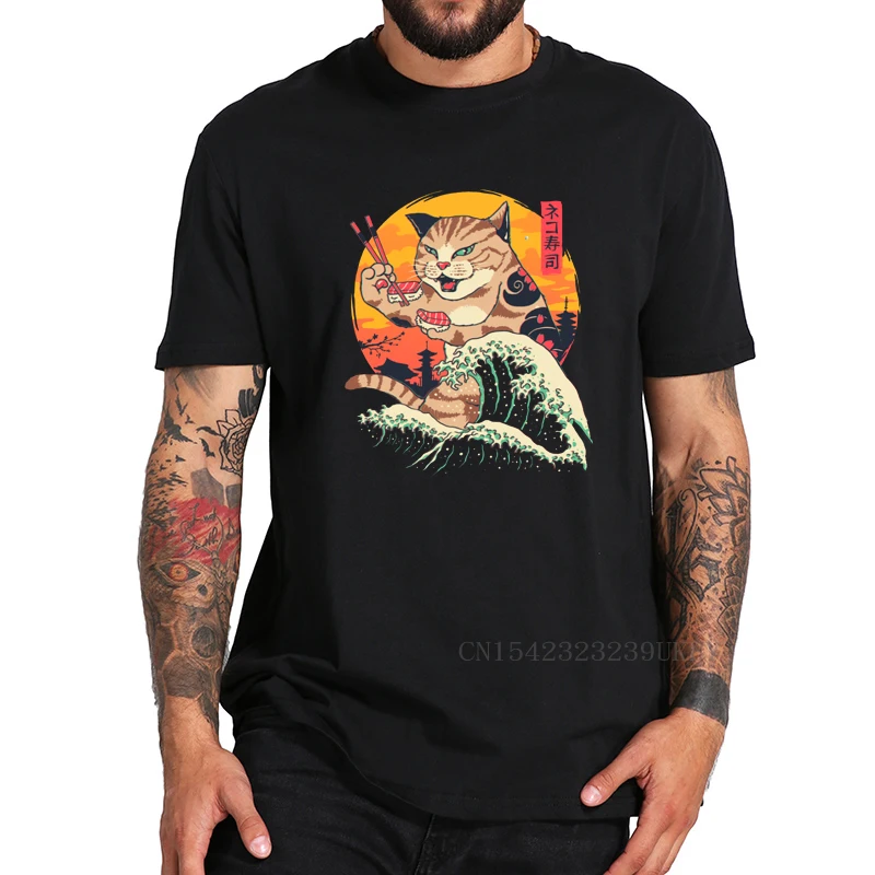 Neko Sushi Welle Katze, Dass Isst Sushi T Hemd Lustige T-shirt 100% Baumwolle Komfortable Premium-Tees Tops Drop Schiff