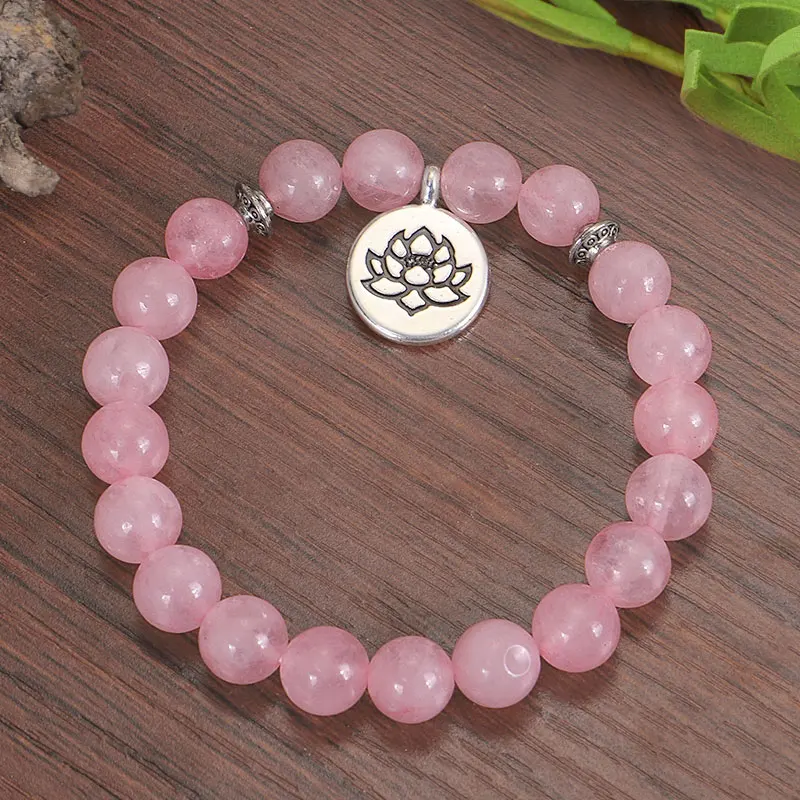 Pulsera de cristal Rosa Natural para mujer, brazalete curativo de Biddha, cuentas de Mala, piedra de loto, pulsera de Yoga, joyería de Chakra