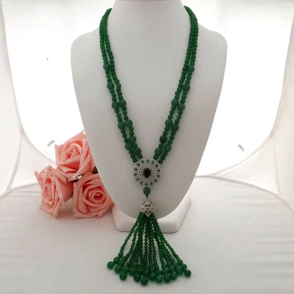 

2 Strands Green Jade Necklace CZ Pave Pendant