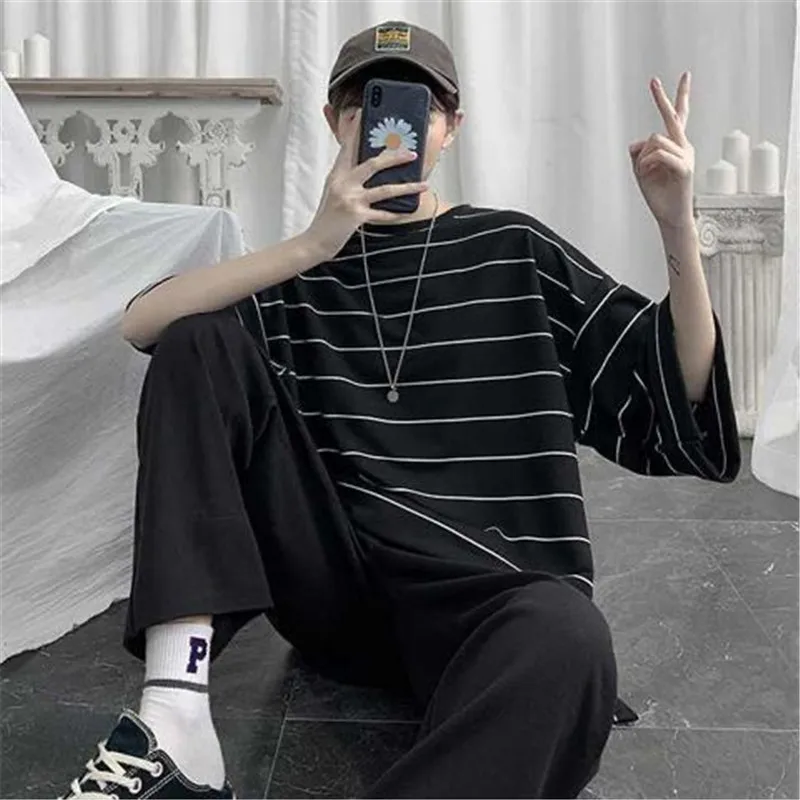 Cool Summer Oversized T-Shirt Men Funny Harajuku Tshirt Streetwear Femme Striped Japan Hip Hop Loose Half Sleeve T Shirts Male