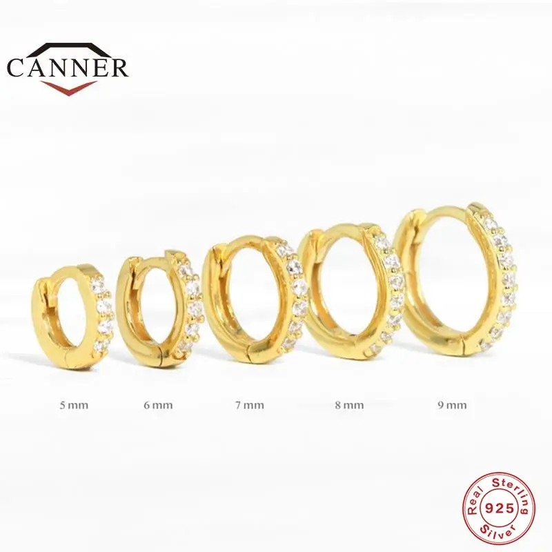 CANNER-Real 925 Sterling Silver Ear Hoop Piercing Brincos para Mulheres, Geométrico Redondo Huggie Brincos, Fine Jewelry, 6mm, 7mm, 8mm, 9mm