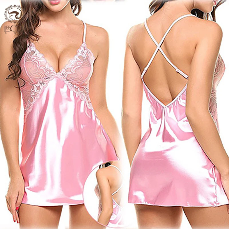 Erotic Nightdress Sexy Lingerie For Women Lingerie Porno Lmitation Ice Silk Lenceria Erotica Mujer Sexi Lace Sleepwear Underwear