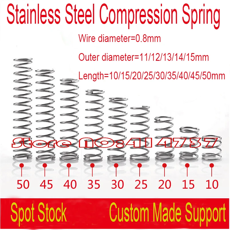 40pcs 0.8mm Wire OD 11/12/13/14/15mm Stainless Steel Small Spot Spring Micro Spring Compression Spring Length 10--50mm