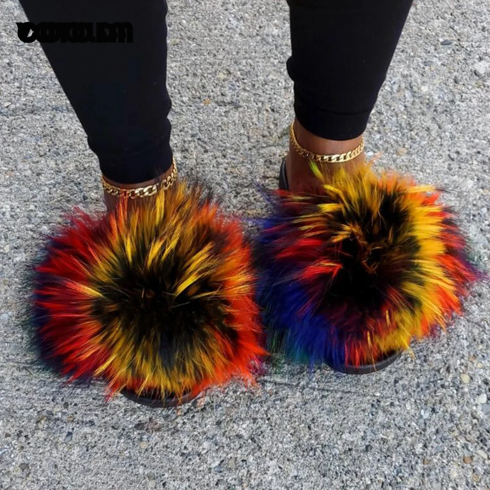 Fluffy Raccoon Fur Slippers Shoes Women Fur Flip Flop Flat Furry Fur Slides Outdoor Sandals Fuzzy Slippers Woman Amazing Shoes